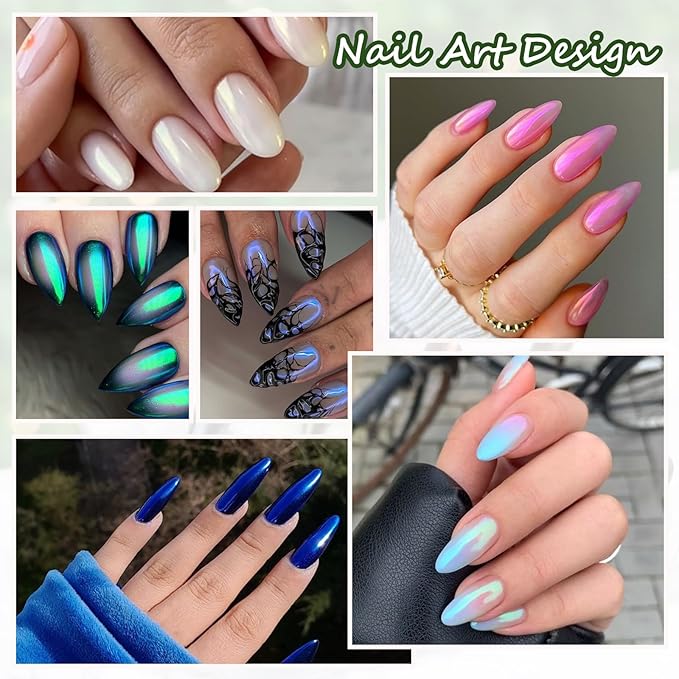 SUTOKAKA Mermaid Pearl Chrome Nail Powder 12 Colors Metallic Mirror Effect Iridescent Aurora Nail Glitter Pigment Rub-on Dust for Gel Nails Decoration Manicure Design