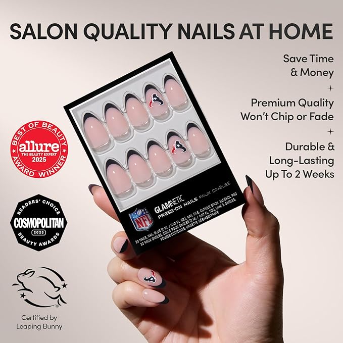 Glamnetic x Fanatics Press On Nails - Houston Texans | Short Almond Fake Nails, NFL Texans Blue French Tips, Football Nails, Salon-Quality | 15 Sizes - 30 Nail Kit with Glue