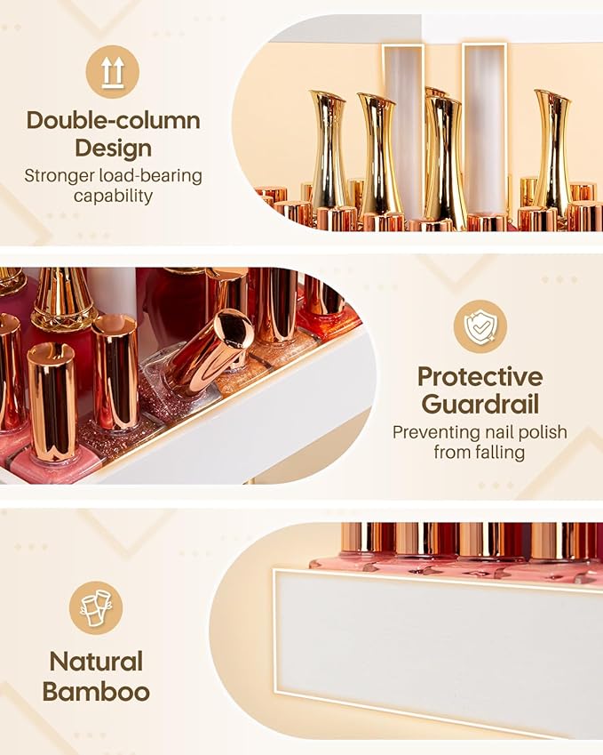Homde Nail Polish Display Stand and Storage: 360 Degree Rotating Bamboo Rack Organizer, 4 Tier Makeup Holder for Fast Access on Countertop or Vanity for Girls & Women,White