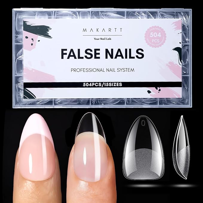 Makartt Short Almond Nail Tips: 504PCS, 15 Sizes, Pre Etched, Clear Artificial Fake Nails Almond Shapes - Full Cover Soft Acrylic Press On Nail Extensions Supplies Salon and DIY at Home