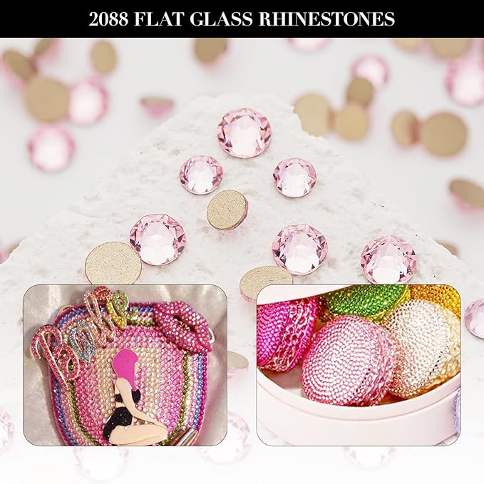 Novani Pink Rhinestones 1440pcs Flat Back Round Rhinestone Style 2088 Sparkly Crystal Gemstones for Nail Art and Crafting SS20,4.6-4.8mm