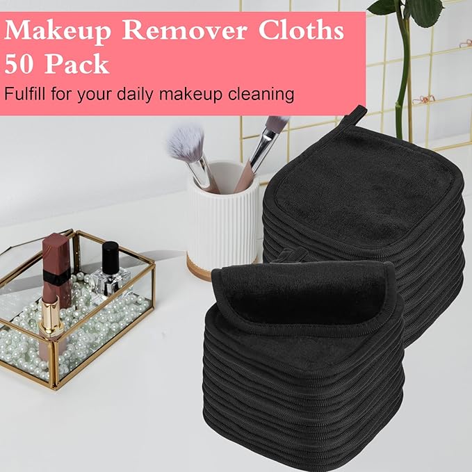 zisiueel 50 Pcs Makeup Remover Cloths Reusable Washable Remover Pads Soft Microfiber Washcloths Facial Cloths Makeup Towels for Women, 5 x 5 Inch(Black) ﻿