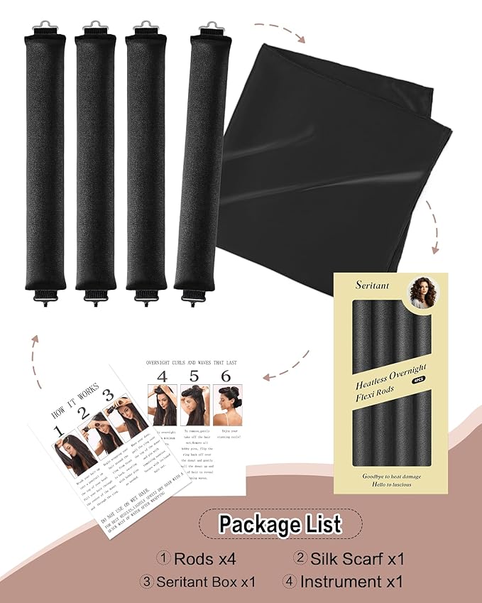 Heatless Curls Overnight Hair Curler - 4 Pcs Curling Rod to Sleep In, Velvet Hair Rollers with Satin Hair Scarf