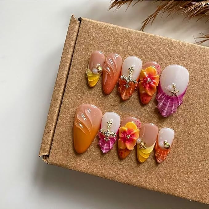 MAGLFELL Press On Nails Medium Almond Nails, Handmade 3D Design Fake Nails with Thick Acrylic Multi-Layer Gel Nails, Reusable Durable DIY Artificial Nails for Women (10 Pieces)