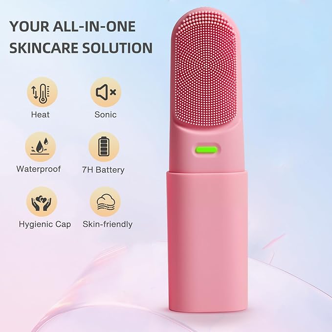 Facial Scrubber Electric Facial Cleansing Brush with Heated, Makeup Remover Cleansing Exfoliating and Massaging,3 Modes,Waterproof Rechargeable Portable Facial Brush for Woman & Men(Mist Rose Pink)