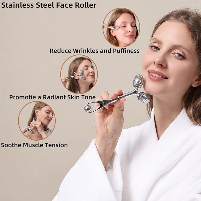 pfefe Stainless Steel Face Roller - Metal Facial Cooling Massager for Face and Eyes, Esthetician Supplies Cold Roller for Puffiness, Wrinkles, Dark Circles