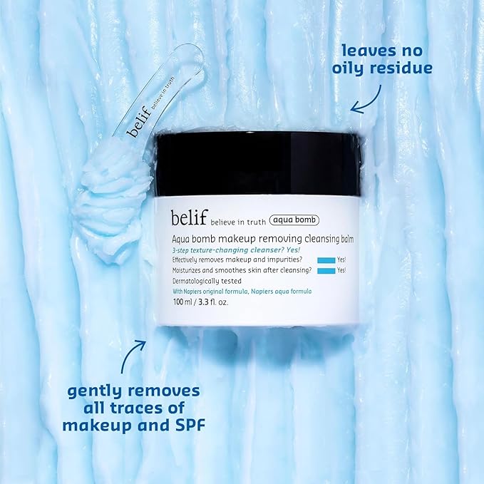 belif Aqua Bomb Cleansing Balm Makeup Remover, Hydrate & Deep Cleanse in 1 Step, Melt Away Makeup & SPF, Balm to Oil Cleanser Formula, No Oily Residue, Korean Skin Care (3.3 fl.oz., New Formula)