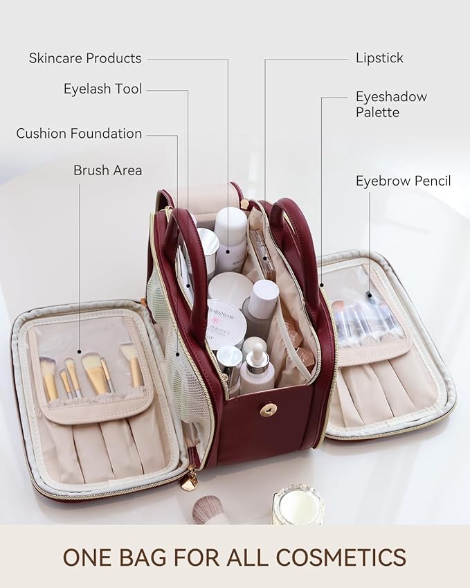 Prite Travel Makeup Bag Women’s Large Capacity Waterproof Cosmetic Organizer Portable Open Flat Toiletry Case with Free-standing Brush Holder and Handle(Burgundy Large)