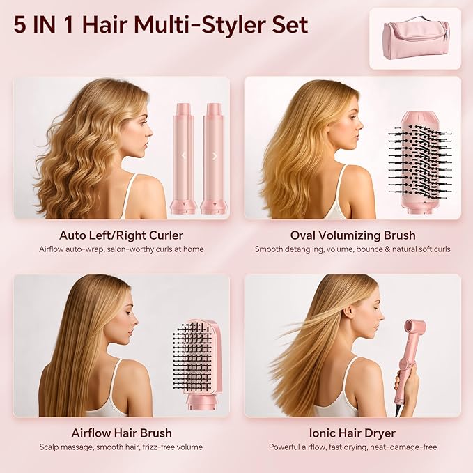 HydraStyl 5 in 1 Hot Air Styler, 1300W 110000 RPM High-Speed Hair Dryer Brush with Auto-Wrap Curlers, Frizz-Free Volumizing Straightening Curling for All Hair Types, No Heat Damage, Travel Bag