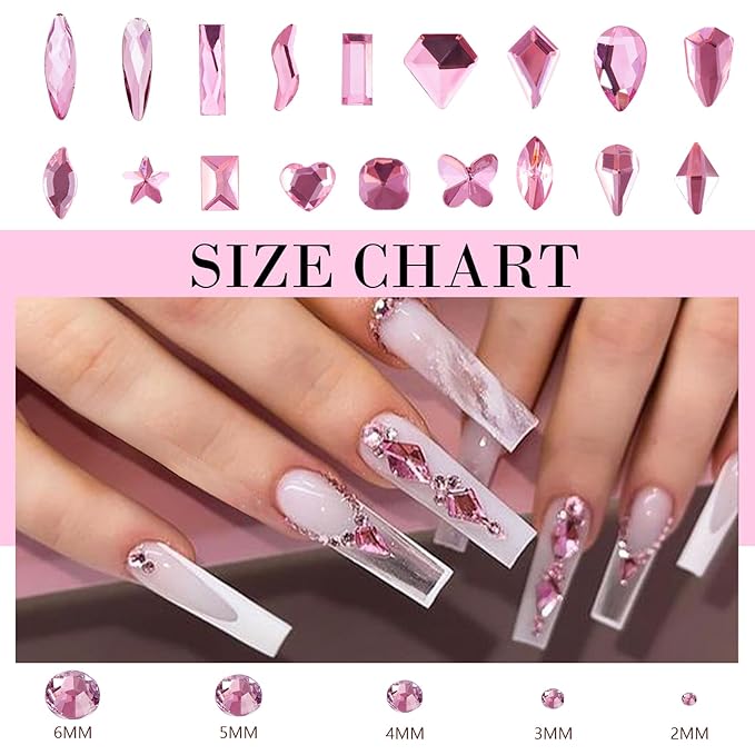 Canvalite 2900Pcs Pink Rhinestones for Nails, 18 Styles Multi Shape Nail Charms and Gems Shiny Glass Crystal Flatback Nail Rhinestones Set for Nail Art with Rhinestone Picker and Tweezers