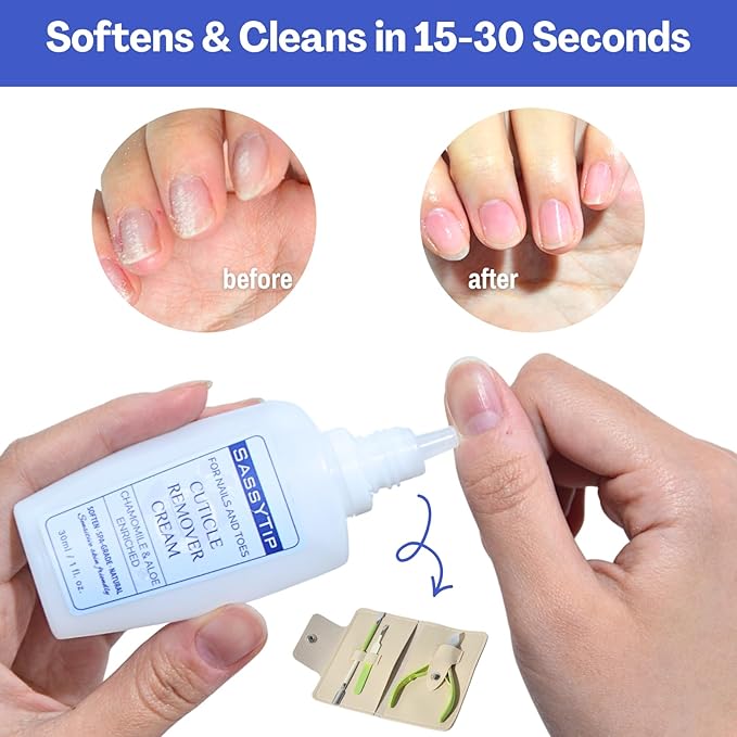 SASSYTIP Cuticle Care Duo: Cuticle Remover Gel & Ceramic Pusher Pen | Instant Dead Skin Removal & Deep Hydration | For Salon-Smooth Nails, Gel & Press-On Prep | 1 fl oz + 2ml Oil Pen (Beige&Gel)