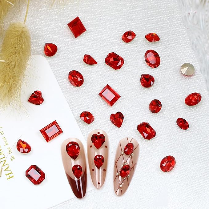 DONGZHOU 72pcs Mix Shape Nail Art Rhinestone,7 Styles Glass Nail Rhinestones Pointback Nail Gems Shiny 3D Nail Charms for Nail DIY Decorations Crafts,Red