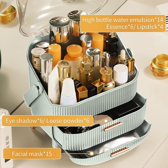 CANITORON Makeup Organizer,Skincare Organizer with 2 Drawers and Transparent Cover,Cosmetic Display Case for Vanity Organizer and Bathroom Countertop Storage.(Sage Green)