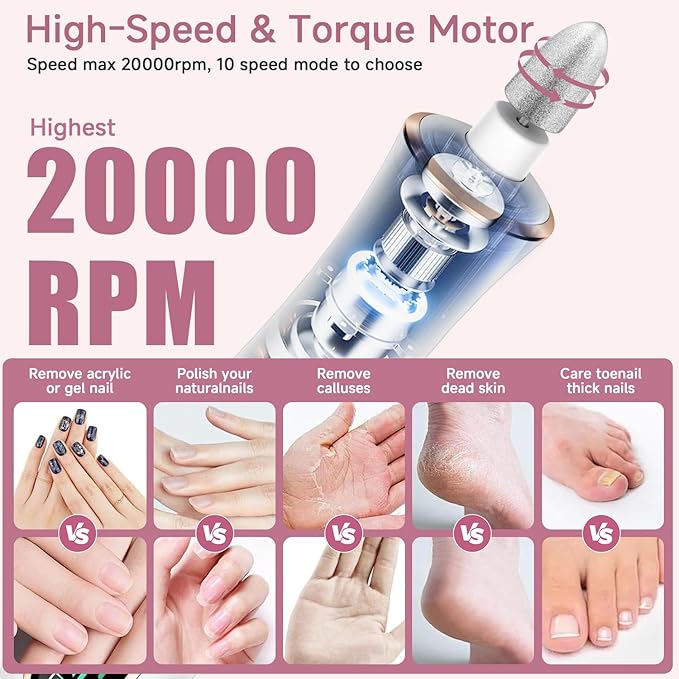 Professional Manicure Pedicure Kit, Cordless Electric Nail File Set, 360° LED Light Nail Drill Machine with LCD Display, 10 Speeds Rechargeable Nail Drill Grinder for Gel Nail Thick Toe Nails