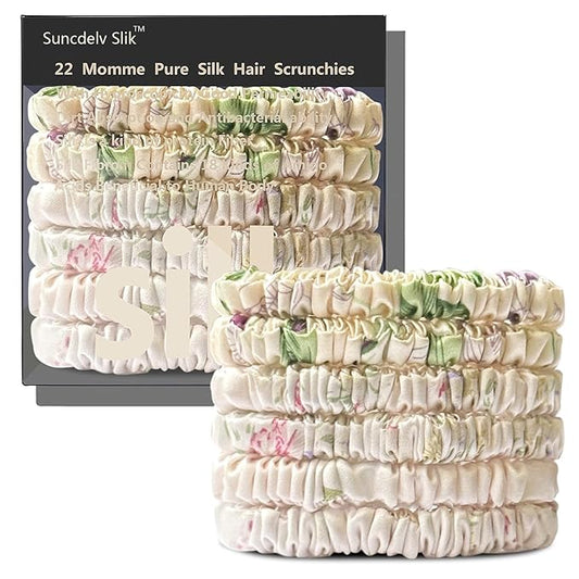 Suncdelv Silk,100% Silk Scrunchies for Hair,22 Momme Hair Ties for Anti-Crease & Breakage,Natural Women Hair Accessories，Fashion Hairbands（Fragmented Flowers）