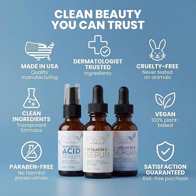 Eva Naturals Face Serum Set - Vitamin C, Azelaic Acid & Hyaluronic Acid Serum | Dark Spots, Calming, Uneven Skin Tone, Wrinkles, Fine Lines | Brightening, Anti Aging, Hydrating Facial Skincare 3x1 oz