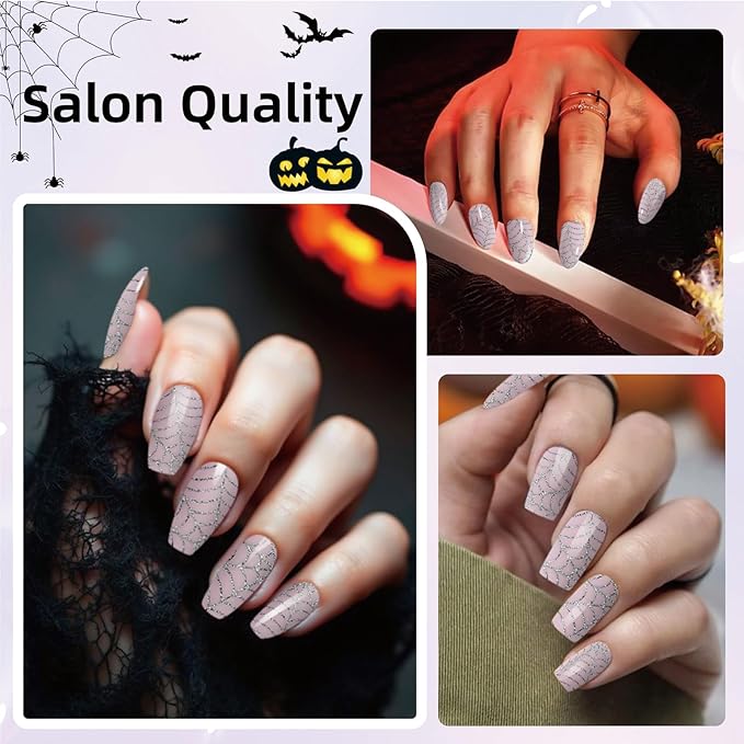 DUKASOU Semi Cured Gel Nail Strips, 28Pcs Halloween Nail Art Stickers/Wraps, Long Lasting UV Nail Polish Strips for Adults(Silver Spider Web)