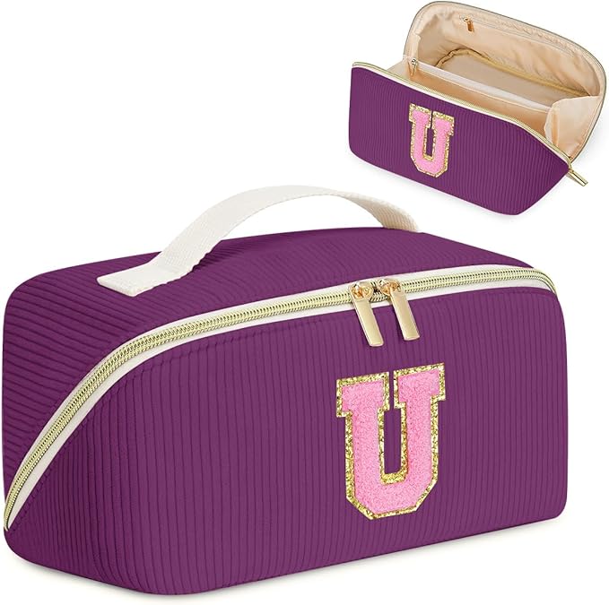 Personalized Initial Makeup Bag, Valentine's Day Gifts for Girls,Preppy Bag Cosmetic Travel Bag Women,Travel Toiletry Organizer,Large Capacity Corduroy Stuff Bag,Cute Cosmetic Pouch Skincare Bag