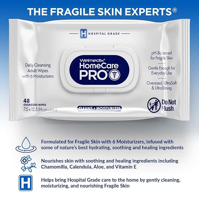 Homecare Pro Oversized Daily Cleansing Adult Wipes With 6 Moisturizers Wet Cleansing, Rinse Free, Bathing Wipes, Hospital Grade pH Balanced for Fragile Skin - | 48 Count XL |- 6 Pack