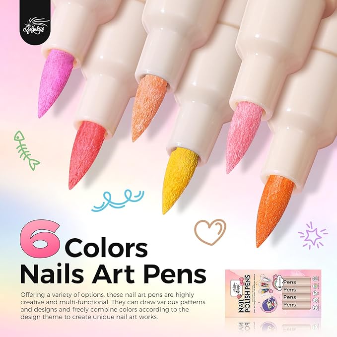 GELLAKTIK 6 Colors Nail Art Pens Set, 3D Nail Polish Pens Quick-Drying Acrylic Paint Markers, Dotting Liner Brush for DIY Nail Design, Home & Salon Manicure Tools