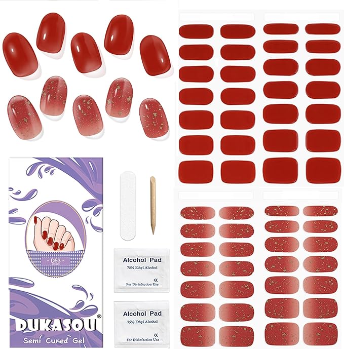 DUKASOU Semi Cured Gel Nail Strips, 56Pcs Red New Years Nail Art Stickers/Wraps, Long Lasting UV Nail Polish Strips for Adults(Red Foil+Caramel)