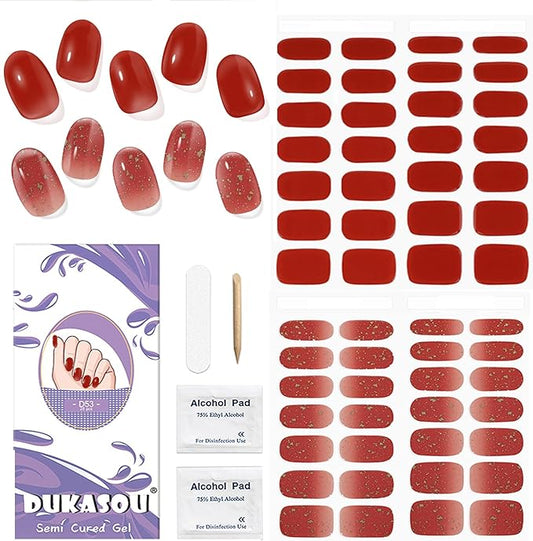 DUKASOU Semi Cured Gel Nail Strips, 56Pcs Red New Years Nail Art Stickers/Wraps, Long Lasting UV Nail Polish Strips for Adults(Red Foil+Caramel)