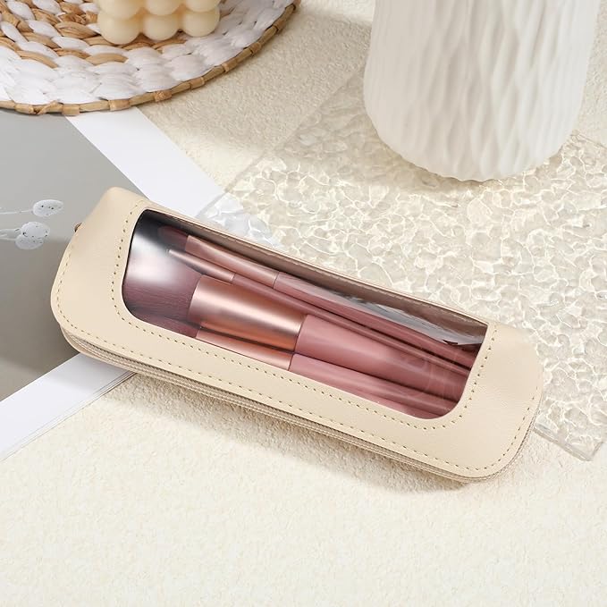 Sibba Small Clear Makeup Bag Travel Makeup Bag PU Leather Make up Brush Case Clear Cosmetic Bags Make up Organizer Zipper Pouch for Women Home Travel Office Cosmetic Storage (Beige)