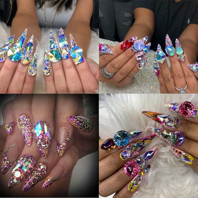 Dong ZHOU 75 Pieces DIY Nail Art Rhinestone Crystal AB Glass Rhinestone Nail Set Loose Beads Crystal Sewing On Stone Pointed Back Jewelry Rhinestone Gems Decorations for Nail Art Craft