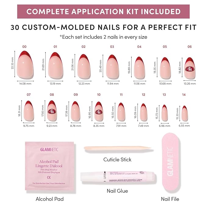 Glamnetic x Fanatics Press On Nails - San Francisco 49ers | Short Almond Fake Nails, NFL 49ers Red French Tips, Football Nails, Salon-Quality | 15 Sizes - 30 Nail Kit with Glue