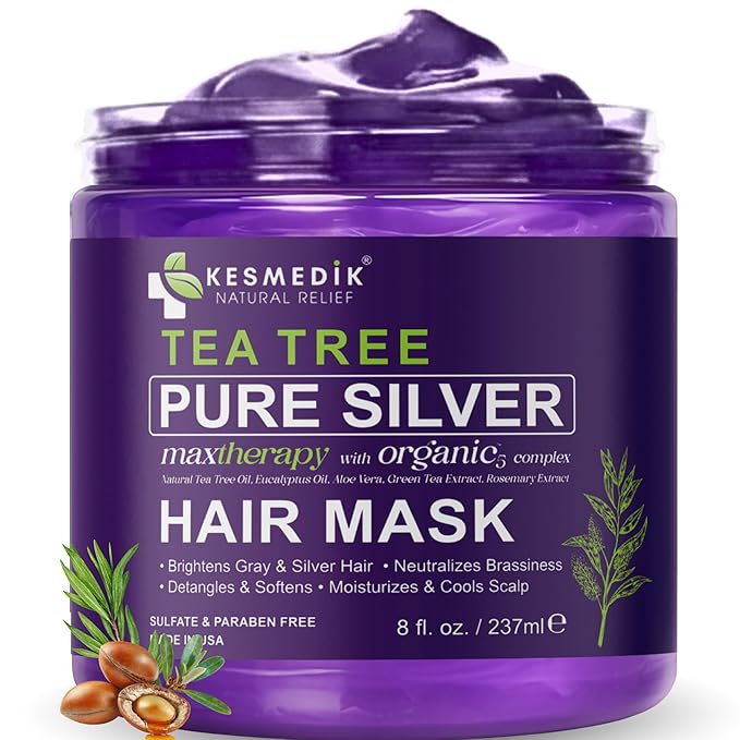 KESMEDIK Pure Silver Purple Hair Mask Toner with Tea Tree & Argan Oil, Deep Conditioner for Dry Damaged Bleached, Blonde White & Gray Hair, Relieves Itchy Scalp, Neutralizes Brassy & Yellow Tones | Hair Mask Toner, Deep Conditioner, Gray Hair Care, Blo...