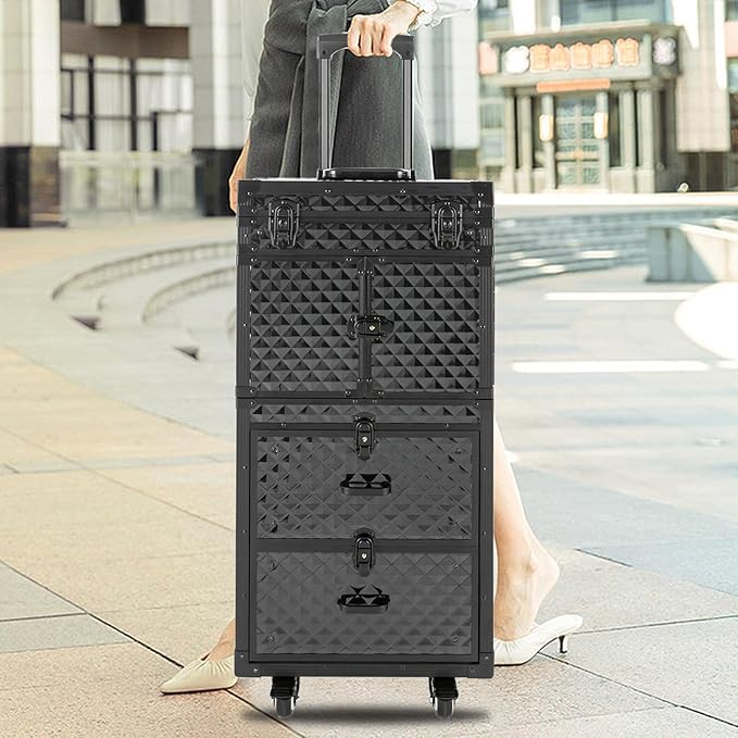 Rolling Lockable Makeup Train Case,Large Cosmetic Organizer Train Case Makeup Travel Case with 360° Swivel Wheels, Trolley Makeup Travel Organizer,Black