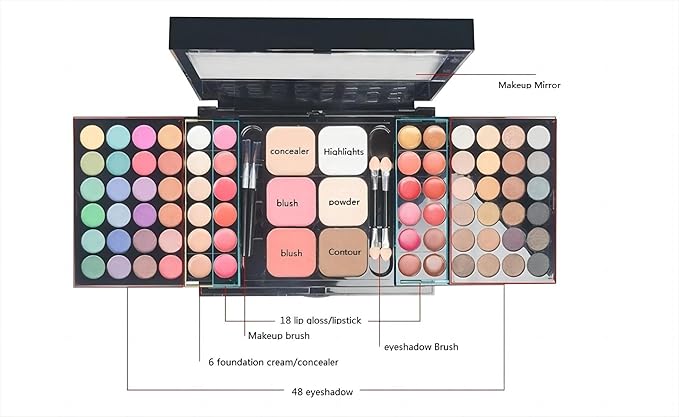 All-in-one Makeup Palette - 48 eyeshadow Palette,18 Lipstick palette,2 blush,1 concealer,2 Contour,1 powder,4 brushes With Mirror,Suitable for girls, beginners and professionals makeup gift set