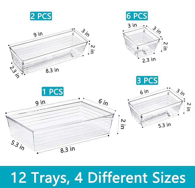DCA 12 PCS Clear Plastic Drawer Organizer Set, 4 Sizes Makeup organizer, Vanity Organizer for Makeup, Stationery,Gadgets,Kitchen,Bathroom,Office,Bedroom
