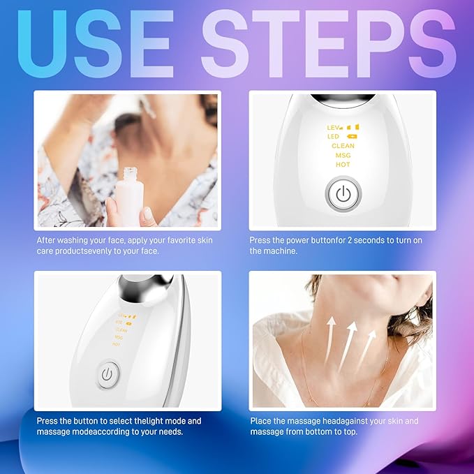 Face Massager with Led Light: 7-Color Facial Device - Neck Wrinkles Tightening Wand - Vibration Tool for Skin Care, White