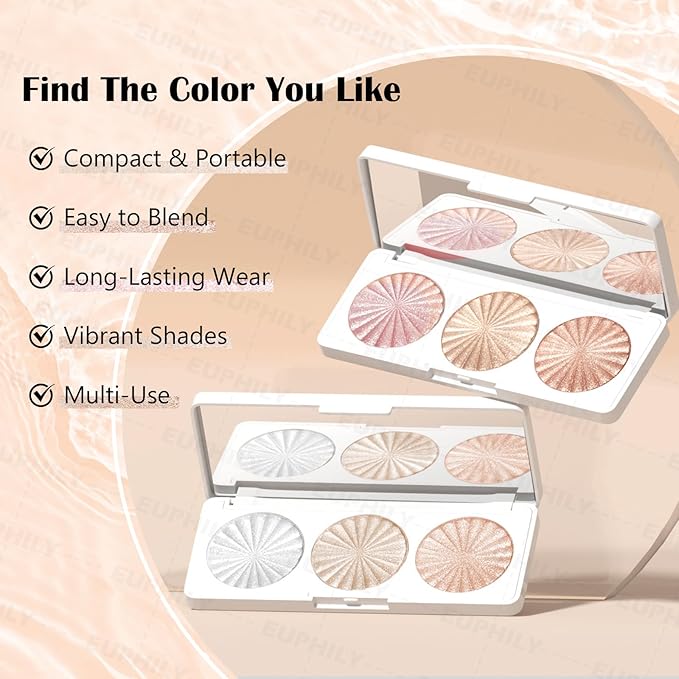 3 Colors Highlighter Makeup Palette, Face Highlight Makeup Contour Powder, Waterproof Long Lasting Glitter Face Illuminator Highlighter for Women, 02 Sunset Radiance Trio