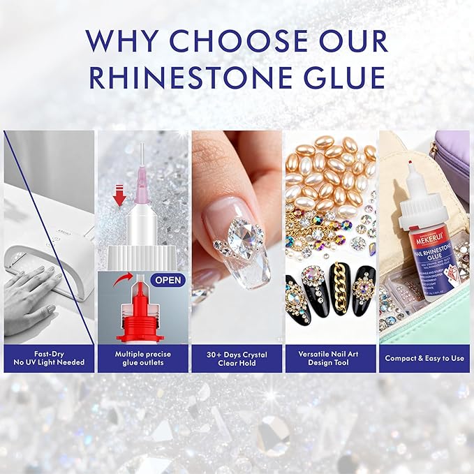 Mekerui Quickly Dry Rhinestone Glue for Nail – No UV Needed – Precision Dropper + Needle – 30+ Days Clear Hold – Nail Art Rhinestones Design Tools