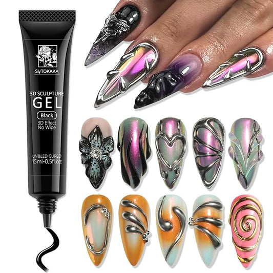 SUTOKAKA Black 3D Gel Nail Art, 15g Sculpting Gel for 3D Nail Art Designs Carving, Molding and Painting, No Wipe Embossed Gels Polish Rhinestone Nails Charm Glue Salon Home DIY
