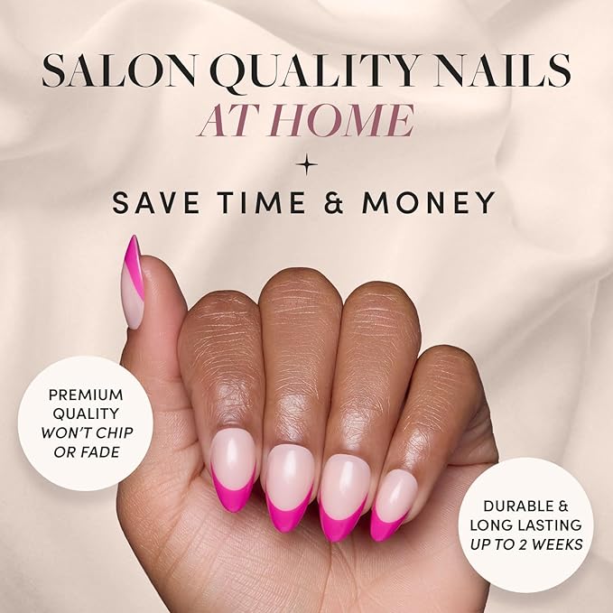 Glamnetic Press On Nails - Raspberry Sorbet | Semi-Transparent Dark Pink Magenta French Tip Short Almond Fake Nails in a Glossy Finish, Salon Quality | 15 Sizes - 30 Nail Kit