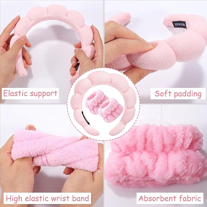Spa Headband for Washing Face Wristband Set Sponge Makeup Skin Care Terry Cloth Bubble Soft Get Ready Hairband Women Girls Puffy Padded Headwear Non Slip Thick Hair Accessory (Pink)