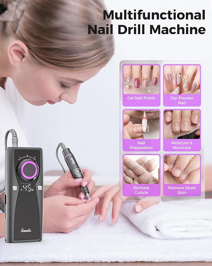 Yomanta Electric Nail Drill Professional Kit: 45,000 RPM USB Rechargeable Efile Nail Drill Nail File with 12 Bits for Polishing Gel/Acrylic Nails- Portable Manicure Tool Set for Salon/Home-Black