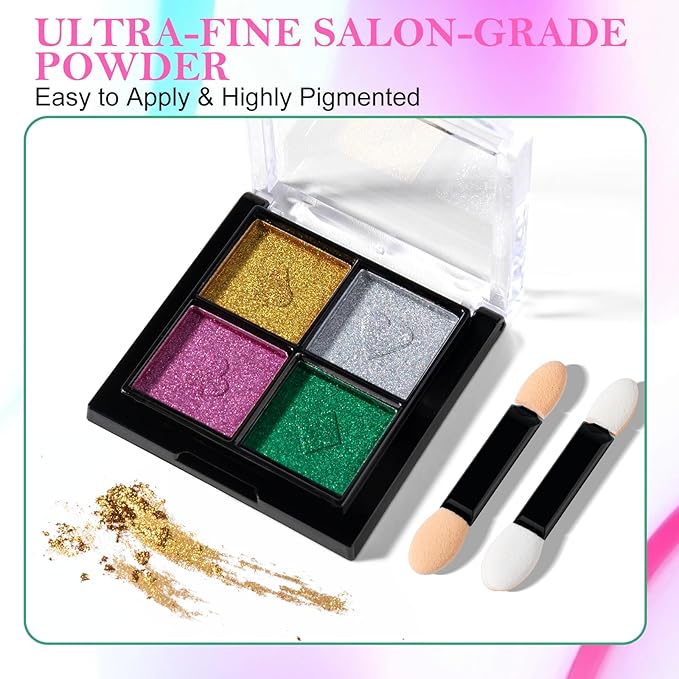 NXJ INFILILA Holographic Chrome Nail Powder, 4 Colors Gold, Silver, Pink, Green Rainbow Unicorn Iridescent Glitter Pigment Dust for Nail Art Design Professional Salon & Home Use