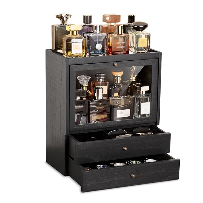 Emfogo Cologne Organizer, 4 Tier Vertical Wood Perfume Stand for Men, Large Capacity Dustproof Perfumes Organizer Cologne Stand with Double Drawer Storage, Gift for Loved ones (Black)