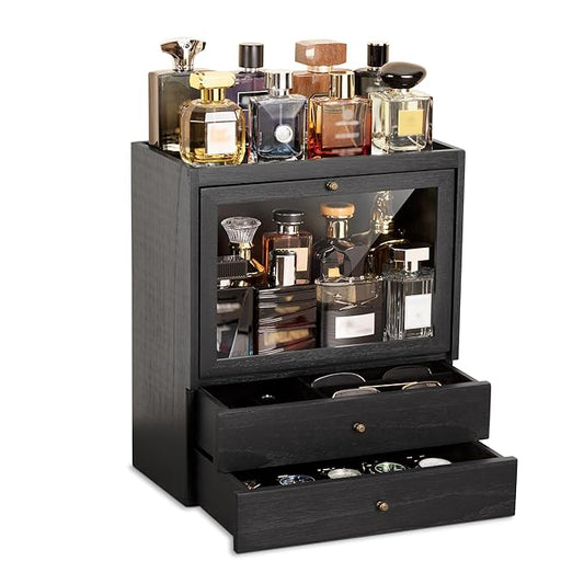 Emfogo Cologne Organizer, 4 Tier Vertical Wood Perfume Stand for Men, Large Capacity Dustproof Perfumes Organizer Cologne Stand with Double Drawer Storage, Gift for Loved ones (Black)