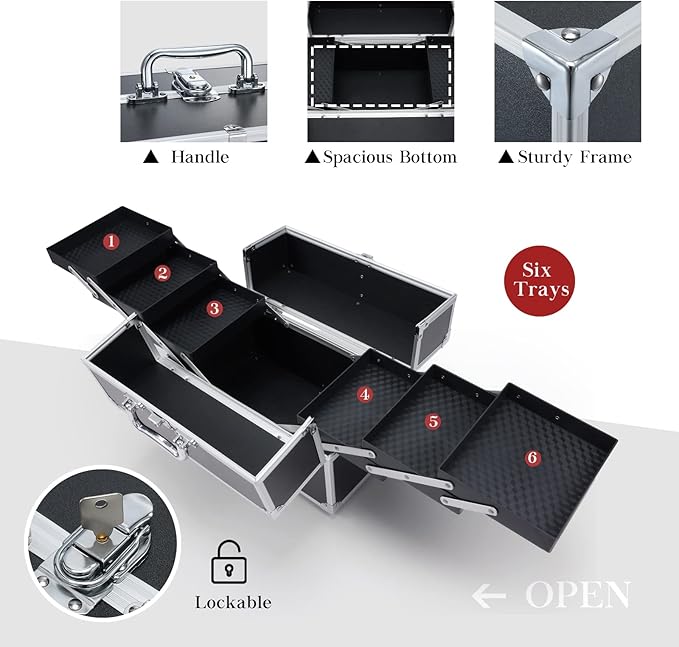 Hododou Makuep Train Case Extra Large 6 Trays Makeup Box Travel Case Professional Cosmetic Storage for Makeup Artist, Nail Tech, Hairstylists Salon Barber Case with Lockable Handle PRO Black