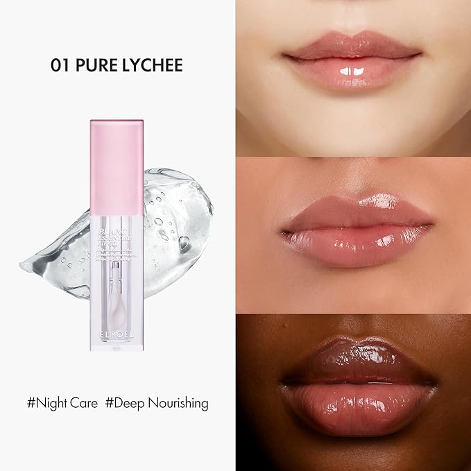 Blanc Essential Lip Oil - 50HR Moisturizing & Hydrating Korean Lip Gloss Makeup with 6 Botanical Extracts - Lightweight, Non-Sticky Clear Essence Overnight Repair 0.15 fl oz (#01 Pure Lychee)