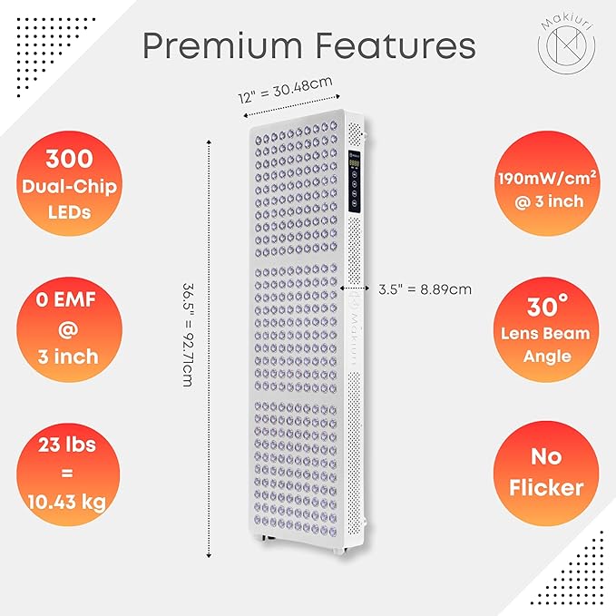 Makiuri Red Light Therapy Lamp | LED Light Therapy Panel for Face & Body | Infrared & Red Light in 5 Wavelengths | Supports Relaxation, Skin Appearance & Overall Wellness | Neptune (White 300 LED)