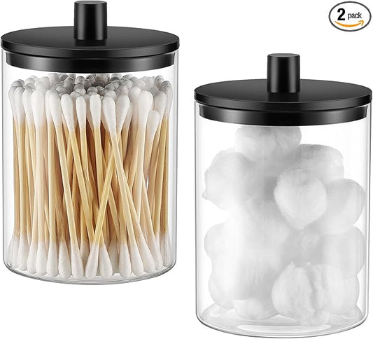 TIPGO Glass Qtip Holder Dispenser - 10 oz Clear Canister Apothecary Jar, Bathroom Vanity Storage Organizer Set for Cotton Swabs, Pads, Floss Picks, Small Containers for Makeup Storage (2 Pack, Black)