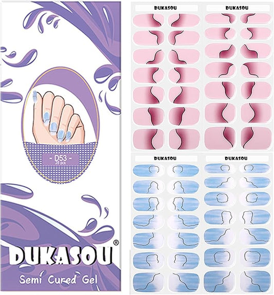 DUKASOU Semi Cured Gel Nail Strips, 56Pcs Nail Art Stickers/Wraps, Long Lasting UV Nail Polish Strips for Adults(Blue+Pink)