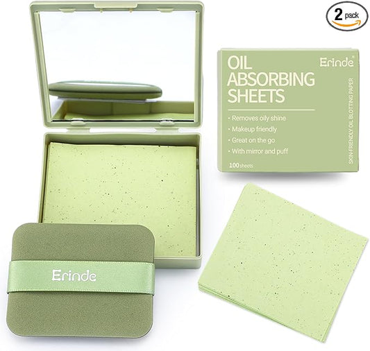 Erinde Oil Blotting Sheets for Face with Mirror and Puff, 200 Sheets Oil Blotting Paper for Oily Skin, Face Oil Absorbing Sheet, Natural Oil Control Film, Absorb Excess Oil, Makeup Friendly