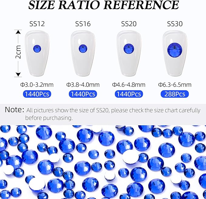 Meibite Sapphire Flatback Rhinestones, Glass Rhinestones for Nail Art and Craft, Glue Fix, Loose Crystal Gemstones(Blue, SS20, 1440pcs, 4.6-4.8mm)